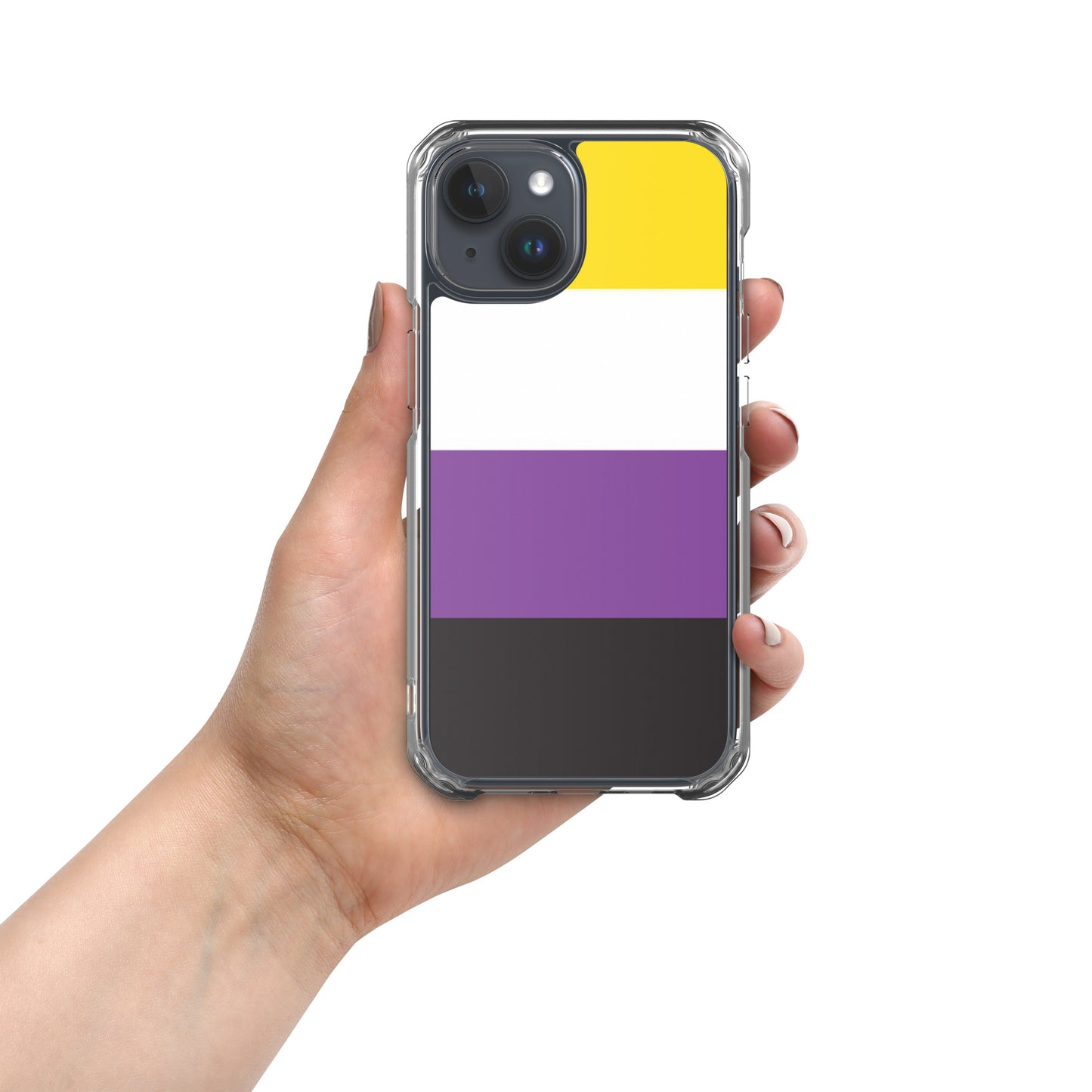 Apple iPhone 15 phone case with Nonbinary enby pride flag design on white background