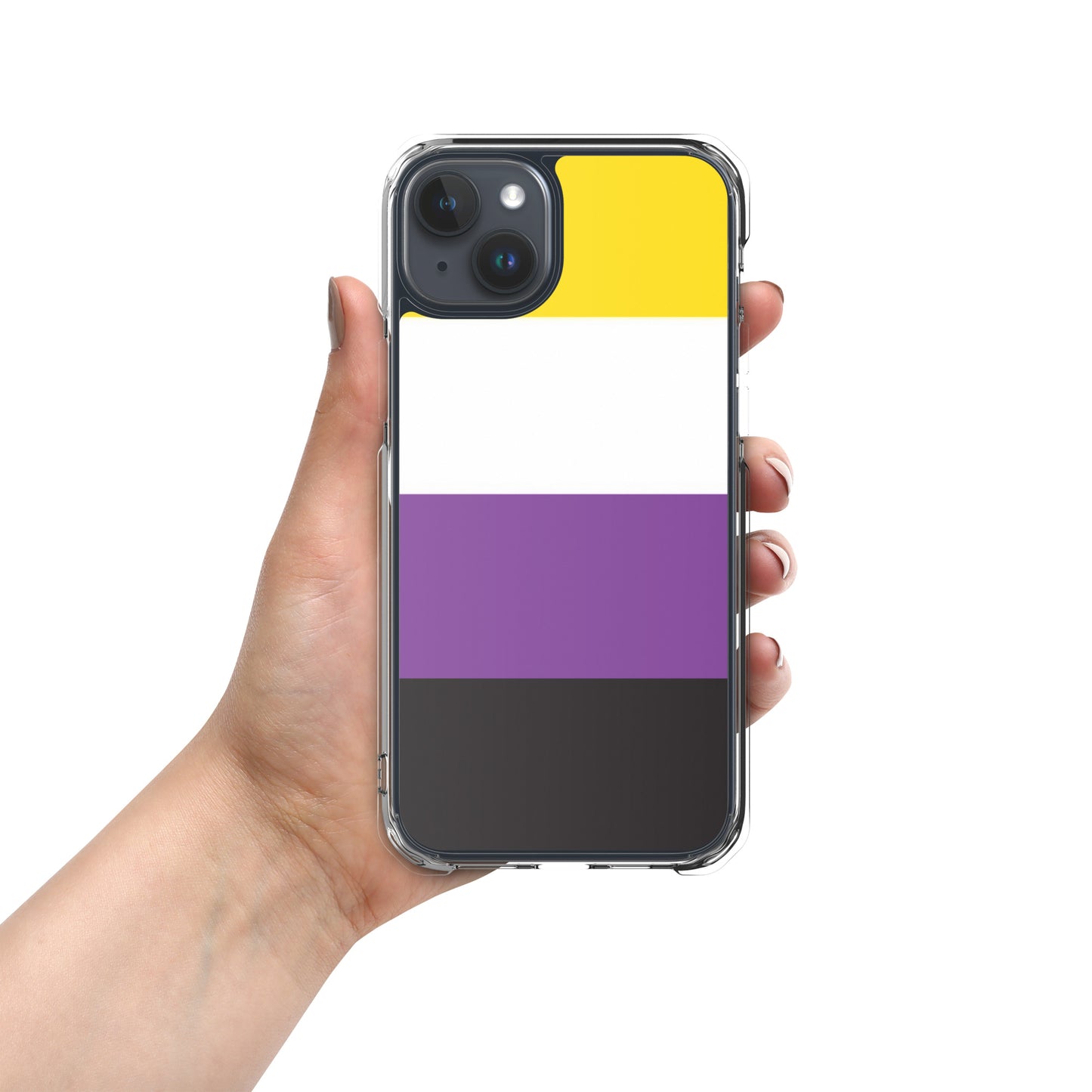 Apple iPhone 15 Plus phone case with Nonbinary enby pride flag design on white background