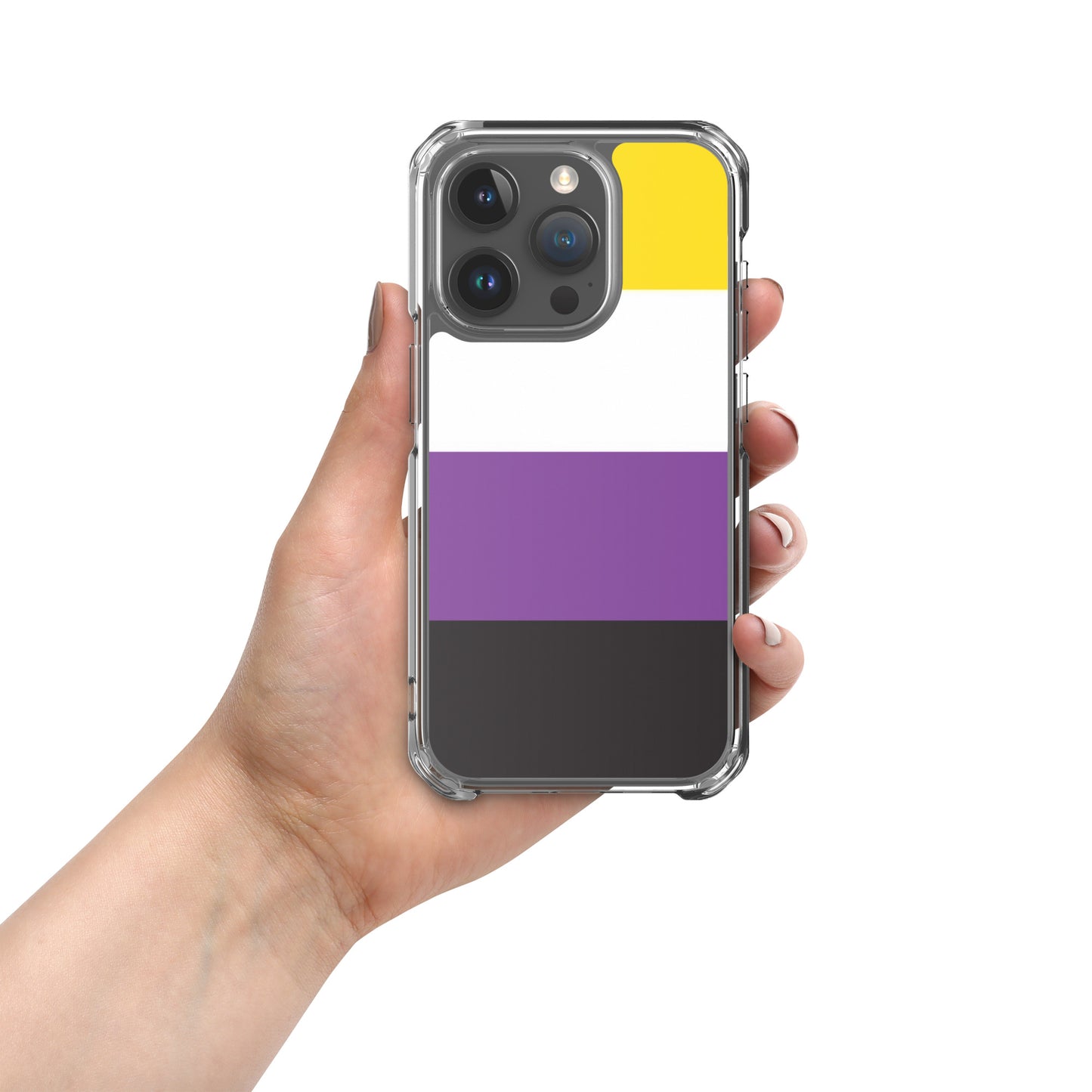 Apple iPhone 15 Pro phone case with Nonbinary enby pride flag design on white background