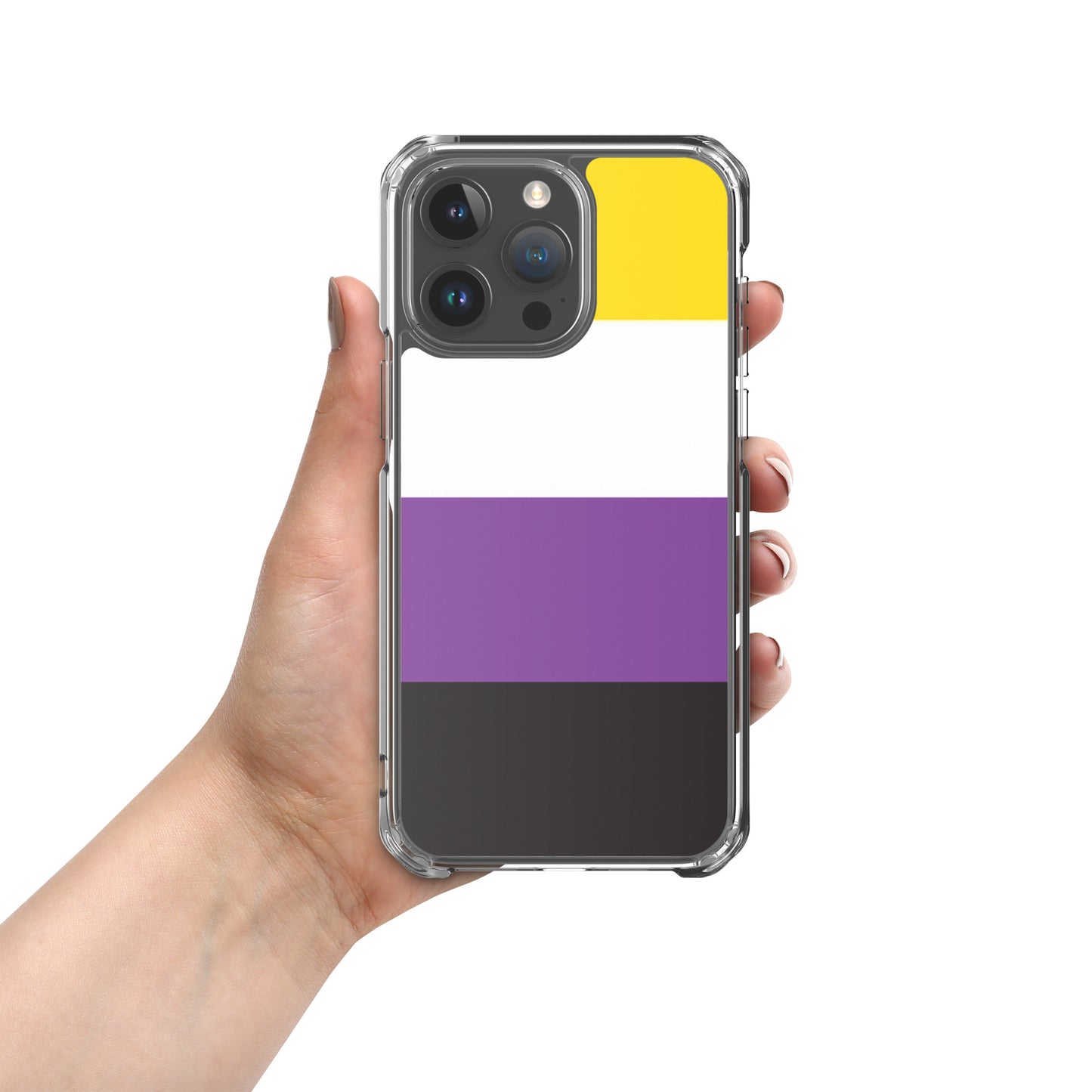 Apple iPhone 15 Pro Max phone case with Nonbinary enby pride flag design on white background