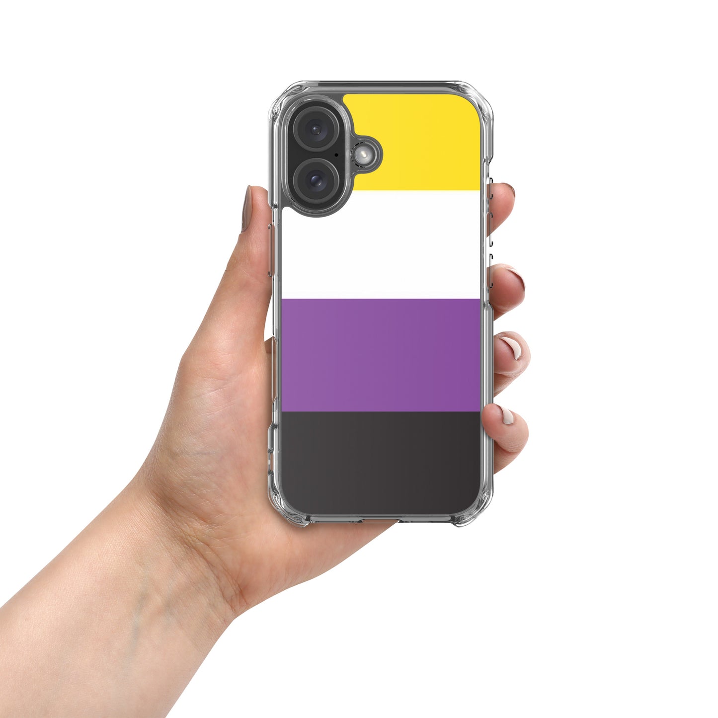 Apple iPhone 16 phone case with Nonbinary enby pride flag design on white background