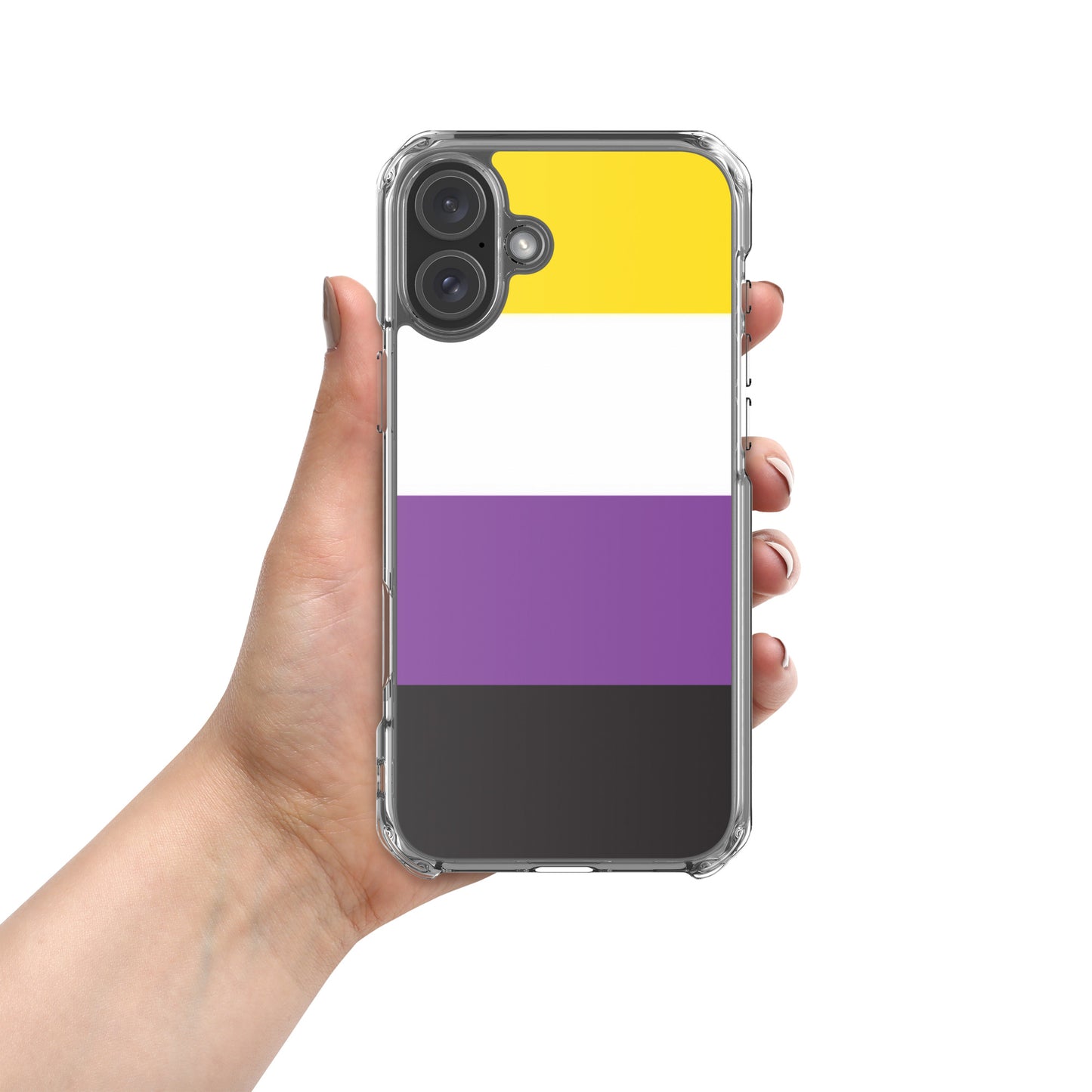 Apple iPhone 16 Plus phone case with Nonbinary enby pride flag design on white background