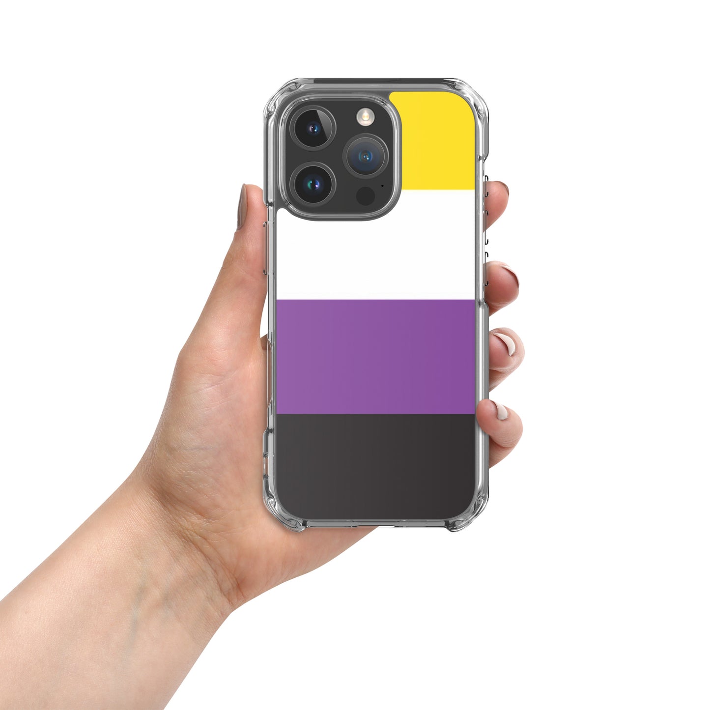 Apple iPhone 16 Pro phone case with Nonbinary enby pride flag design on white background