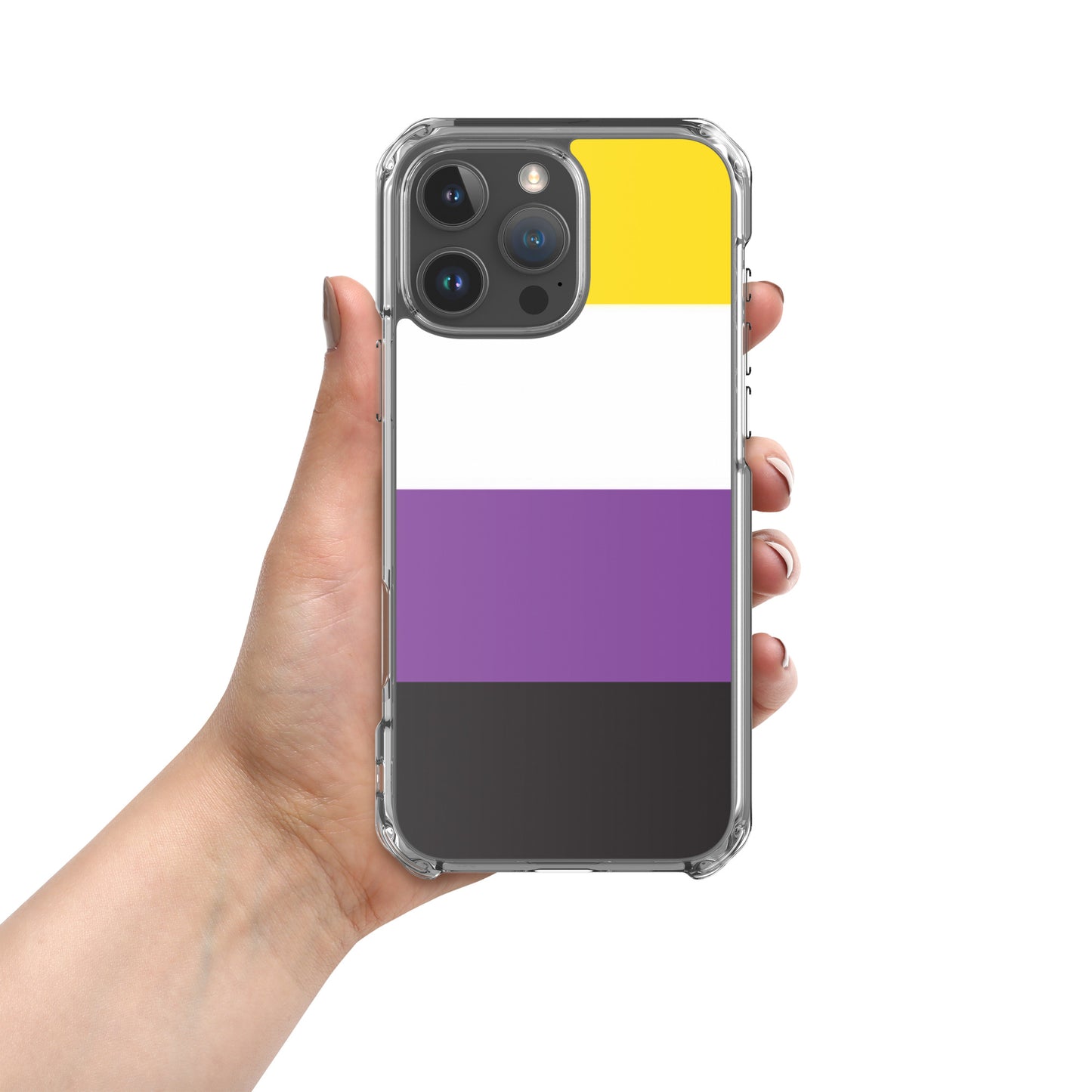 Apple iPhone 16 Pro Max phone case with Nonbinary enby pride flag design on white background