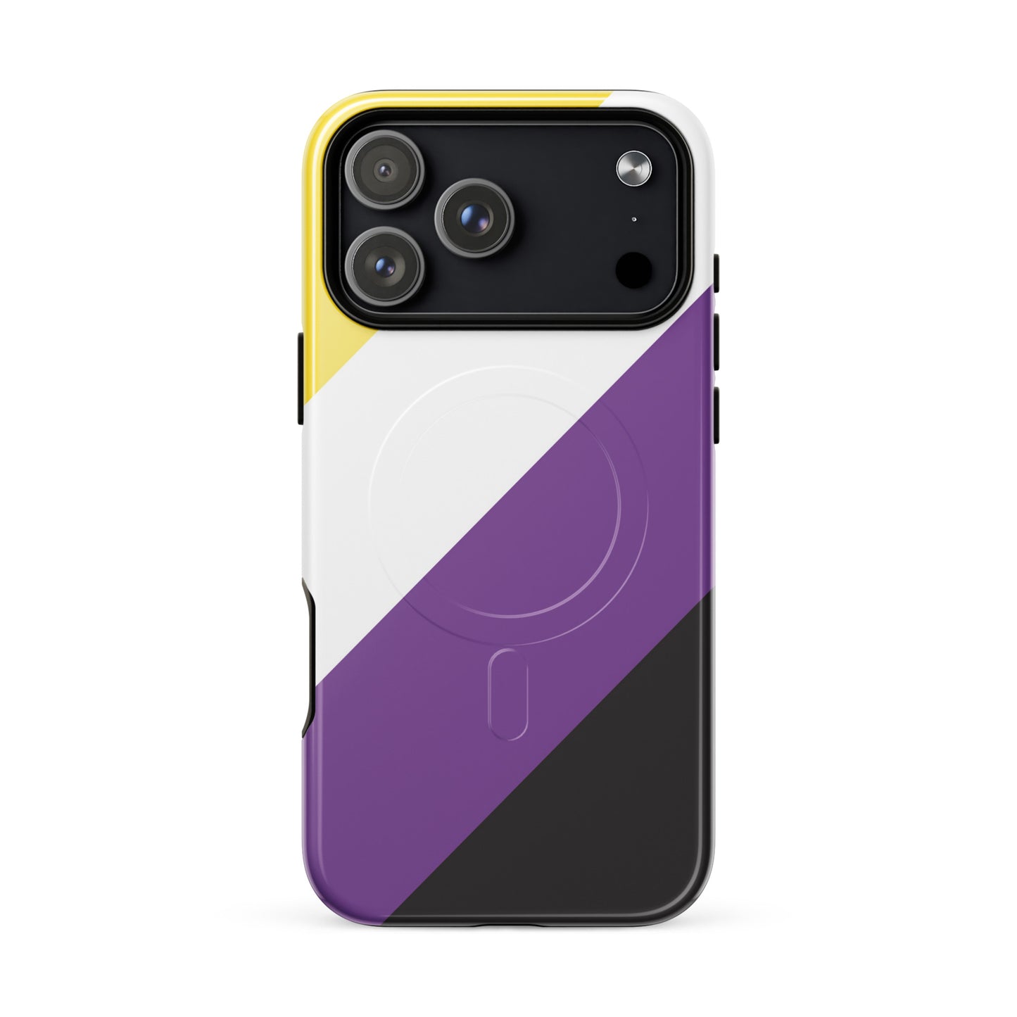 Apple iPhone 17 Pro Max magsafe phone case with enby pride flag design on white background