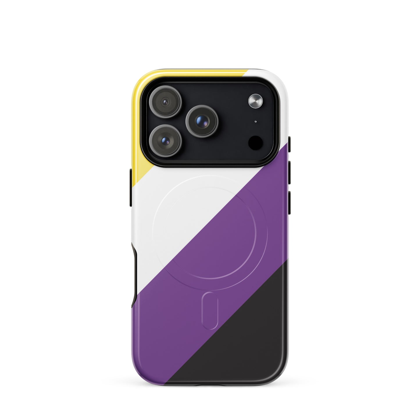 Apple iPhone 17 Pro magsafe phone case with nonbinary pride flag design on white background