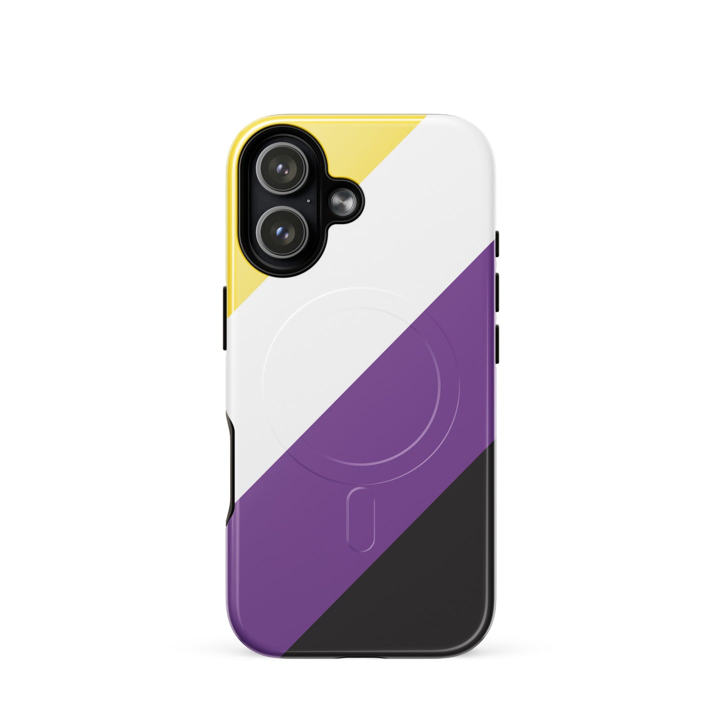 Apple iPhone 17 magsafe mobile phone case with the nonbinary pride flag design on white background