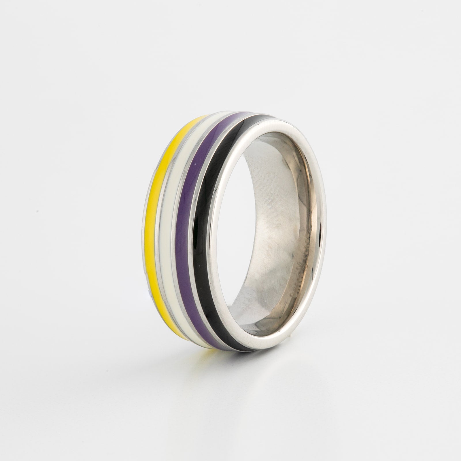 Silver ring with nonbinary pride colored stripes on a white background