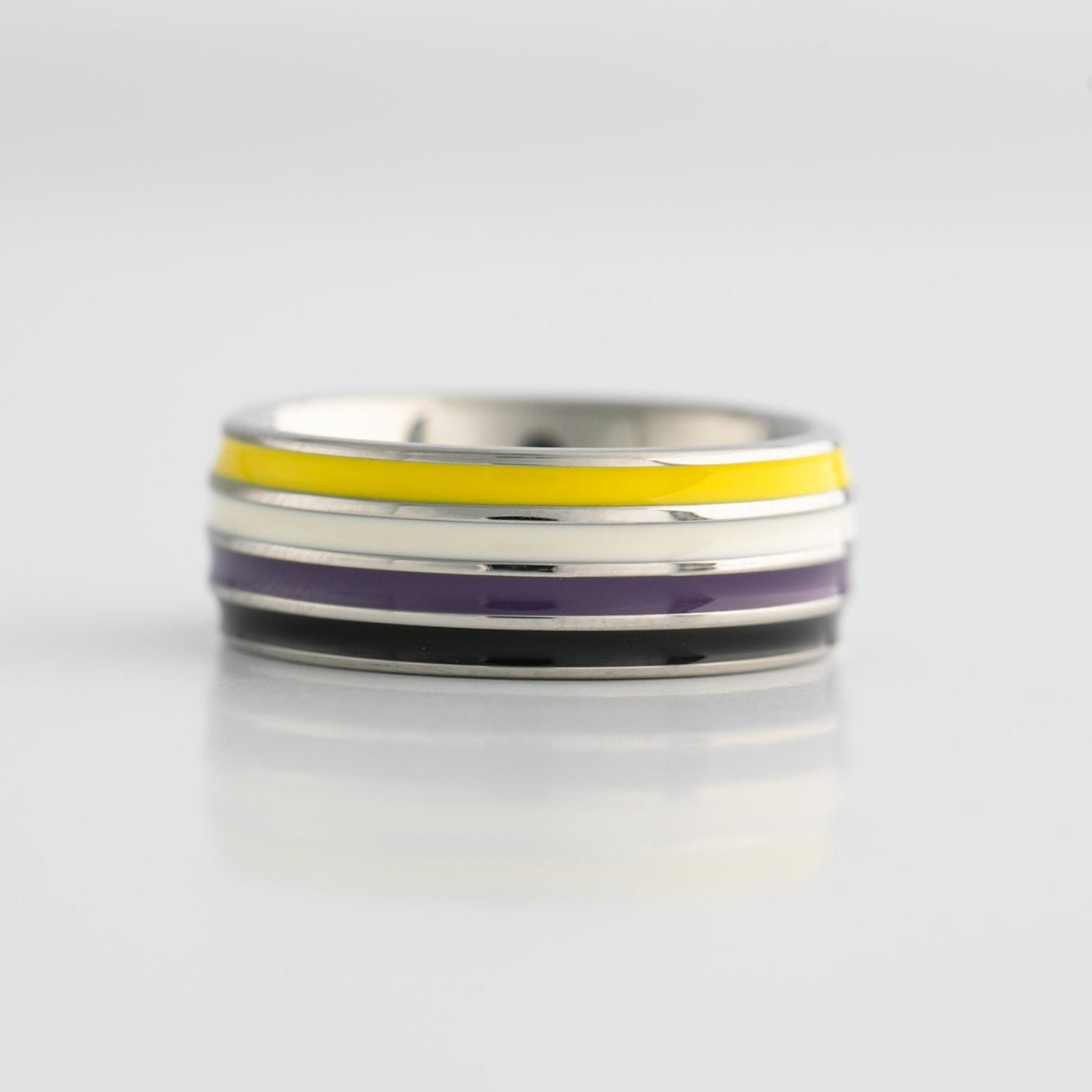 Silver ring with nonbinary enby pride flag stripes on a light gray background