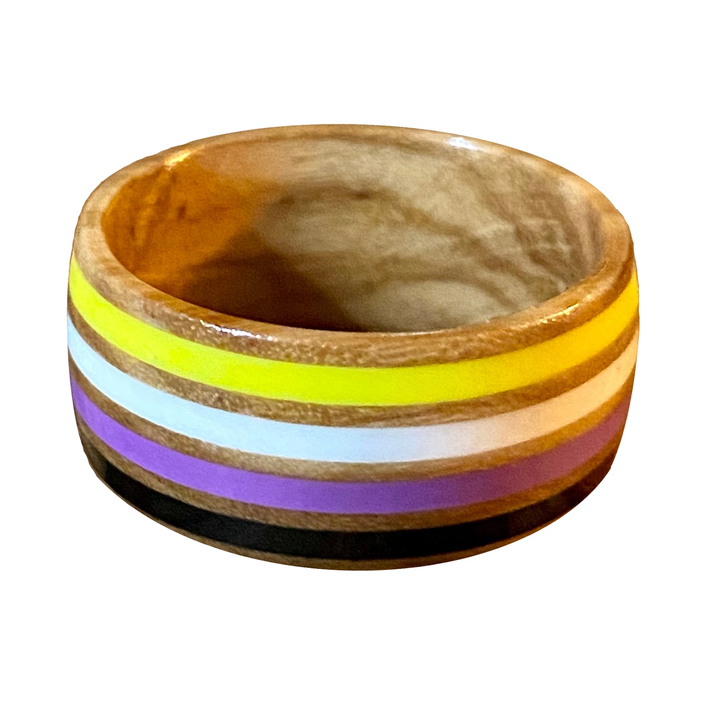 Wooden ring with nonbinary colored stripes on a white background