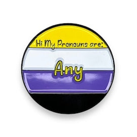 Lapel pin with a non-binary pride flag and text 'Hi My Pronouns are: Any'