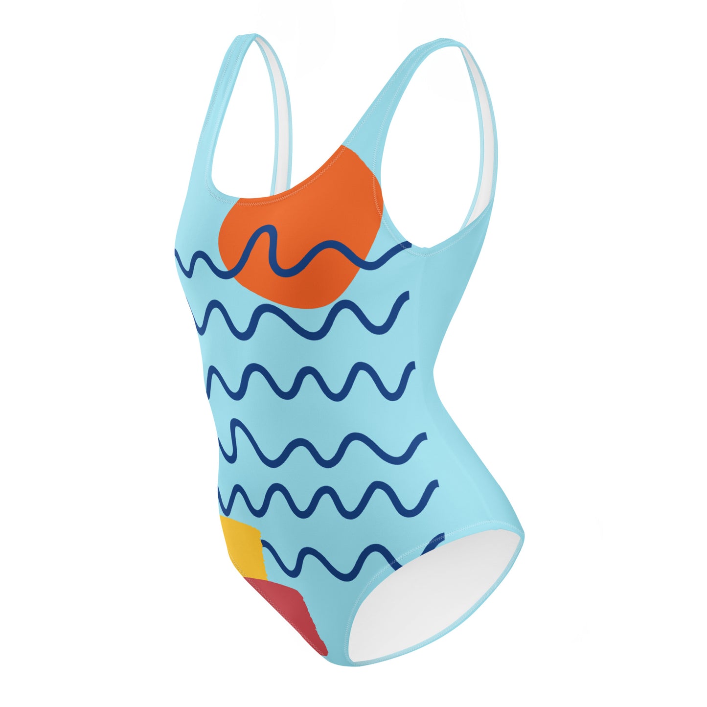 One-piece swimsuit with wavy pattern and colorful design on a white background