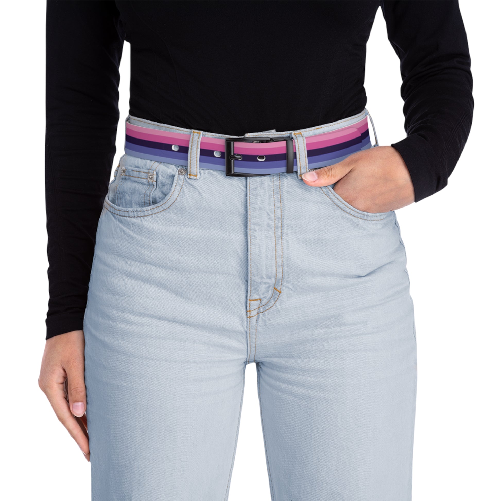 Person wearing light blue jeans with a omnisexual pride belt on a white background
