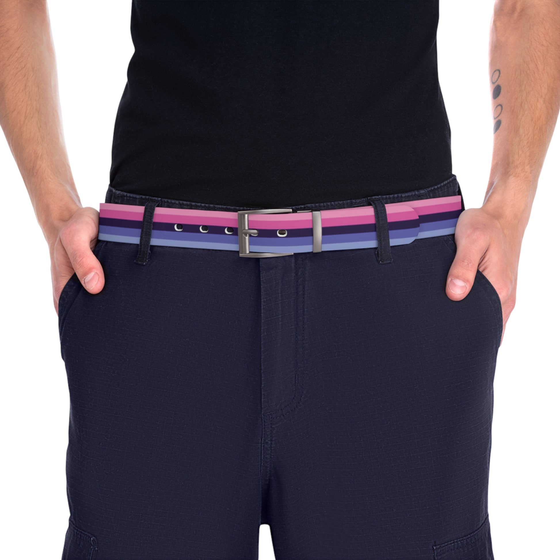 Navy shorts with a omnisexual pride belt on a white background