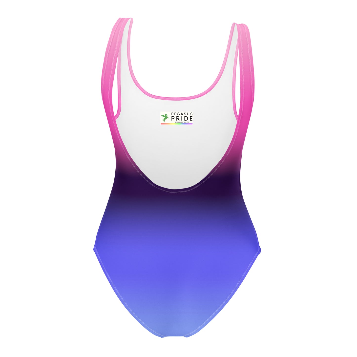 One-piece swimsuit with pink top and blue gradient bottom on a white background