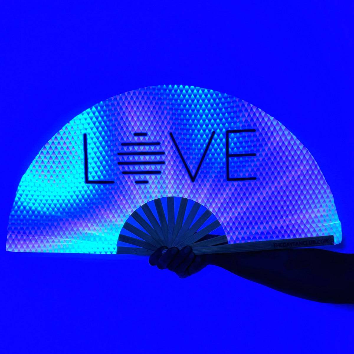 Clack Hand Fan - One Love (UV) one-love-fan-uv-the-gay-fan-club-blacklight