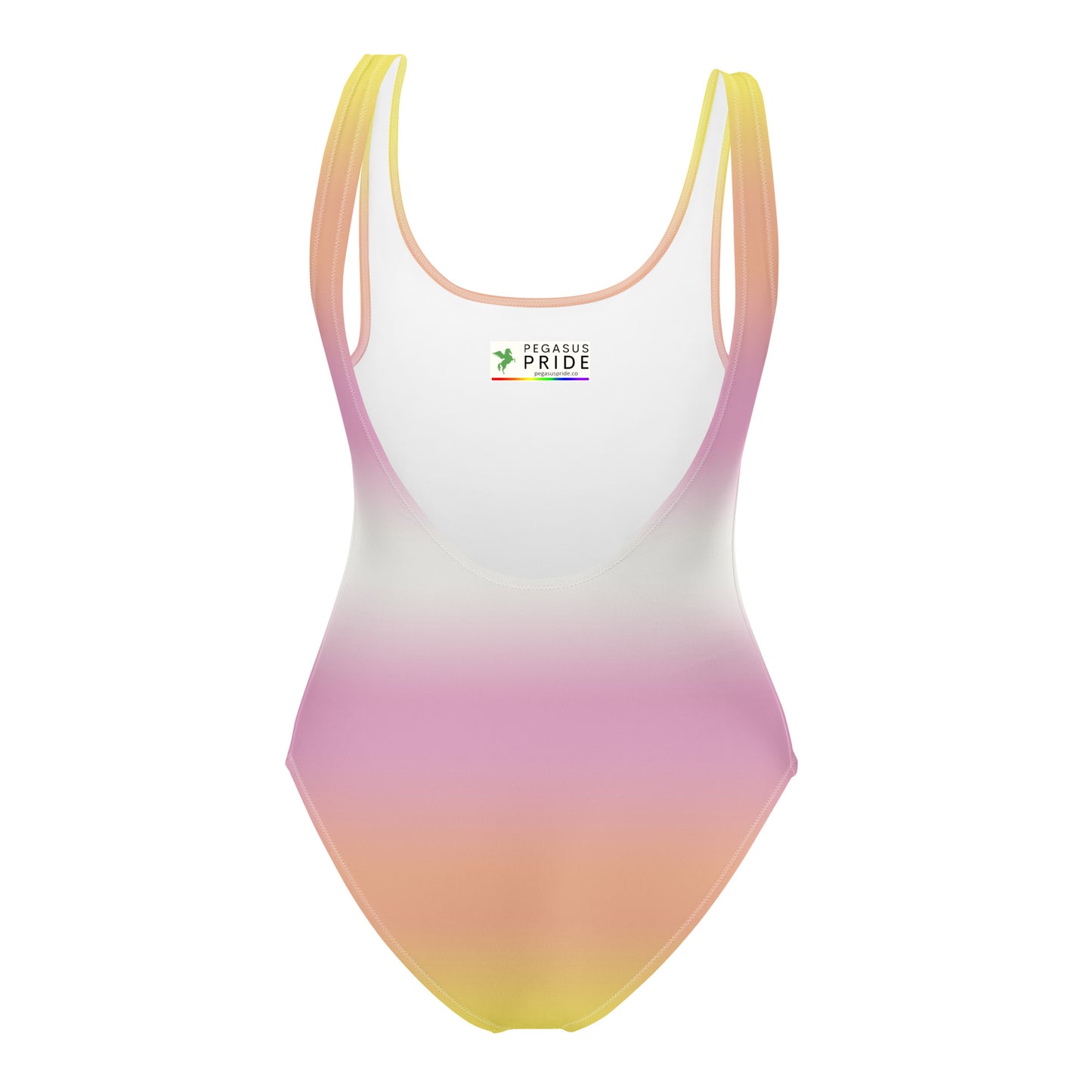 Gradient swimsuit with 'pegasus Pride' branding on a white background