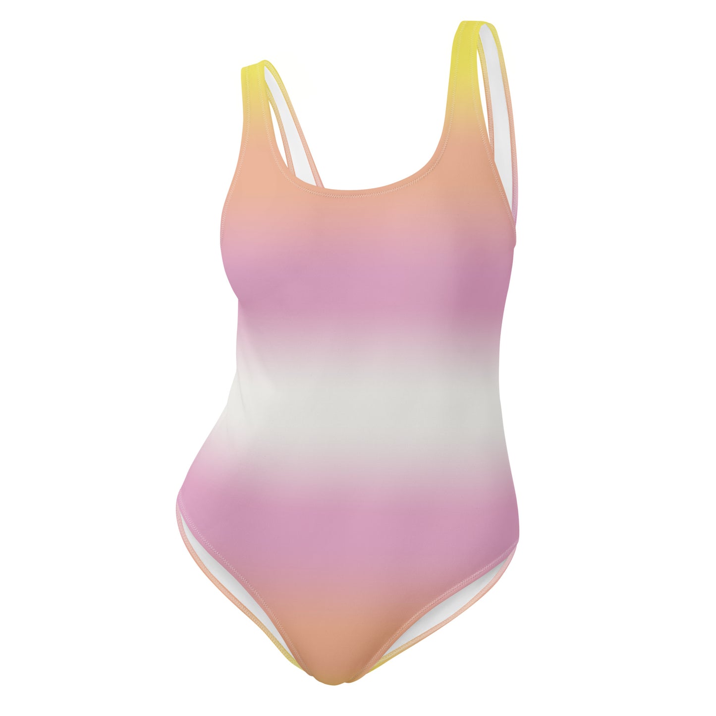 pangender pride Gradient swimsuit with pink, orange, and yellow colors on a white background