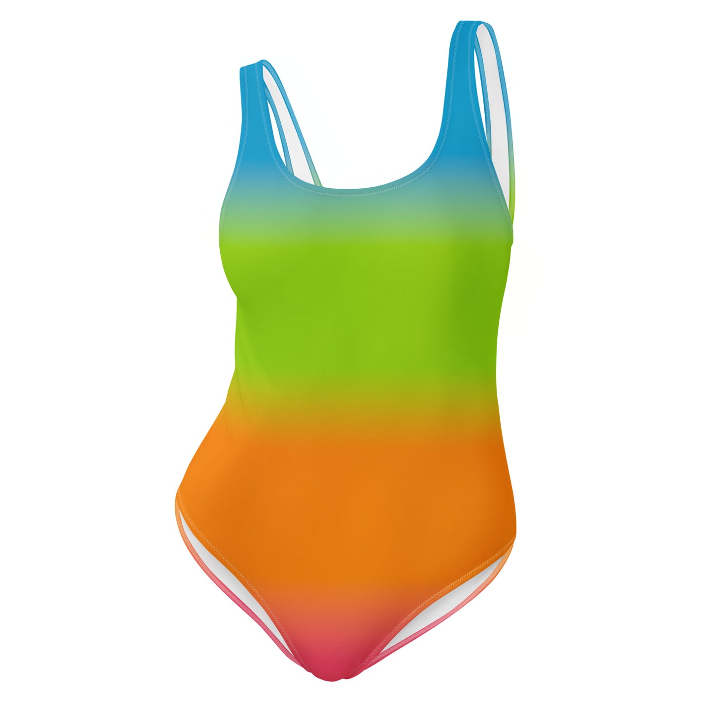 Panromantic pride swimsuit with gradient from blue to pink on a white background