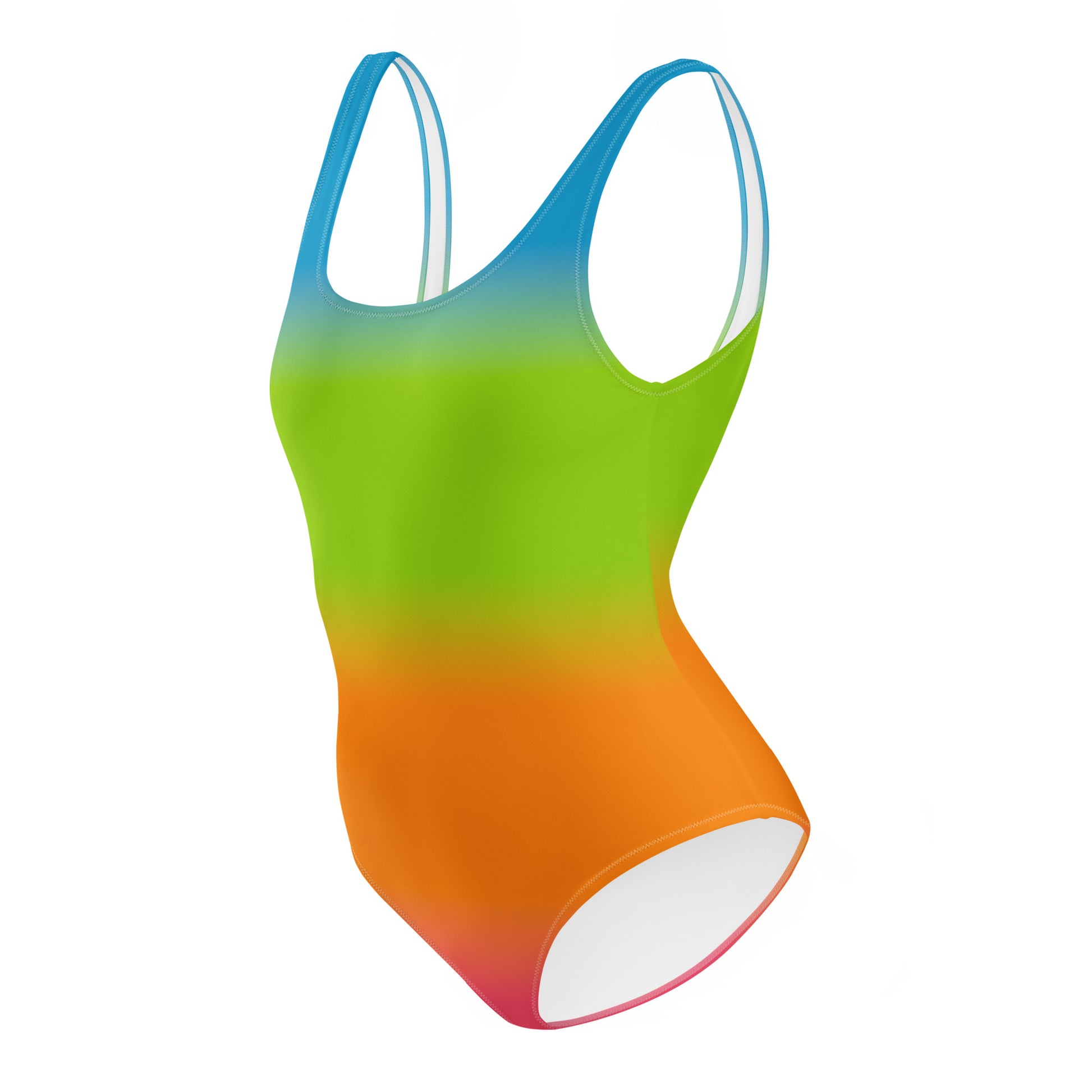 panromantic gradient swimsuit with blue, green, orange, and red colors on a white background