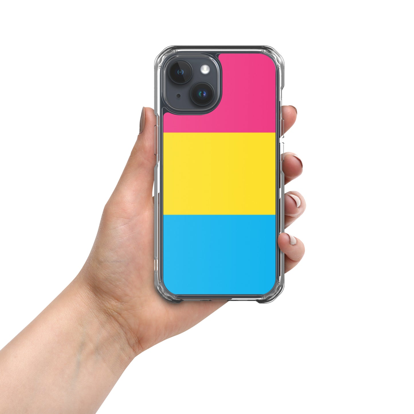 Apple iPhone 15 case with Pansexual pride flag design on white background