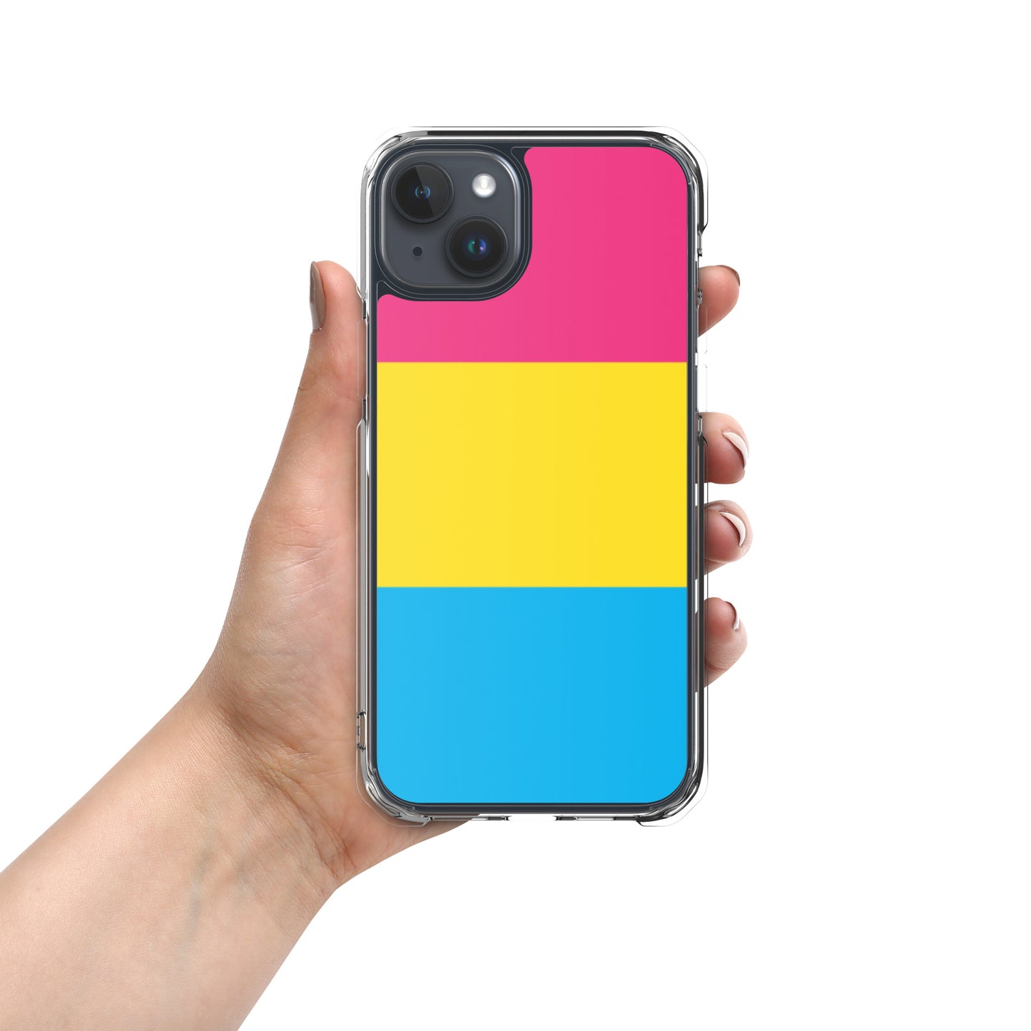 Apple iPhone 15 Plus case with Pansexual pride flag design on white background
