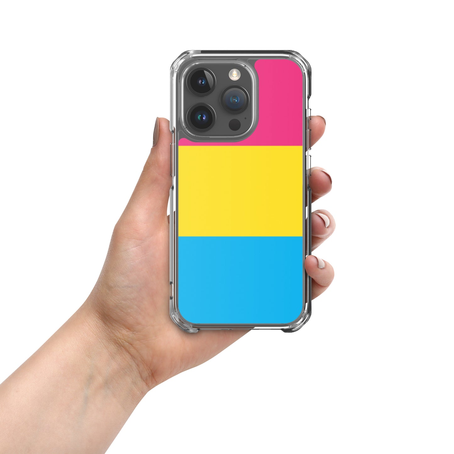 Apple iPhone 15 Pro case with Pansexual pride flag design on white background