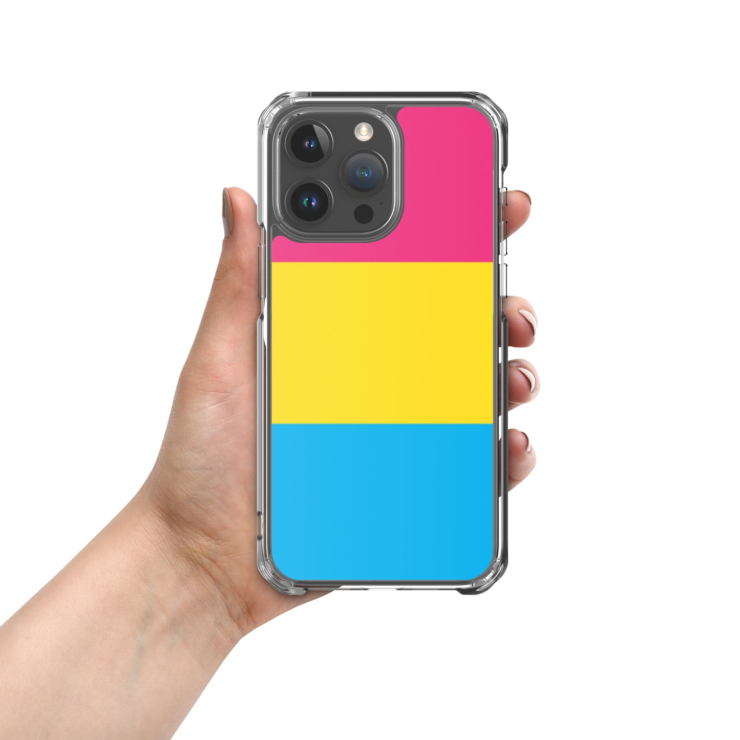 Apple iPhone 15 Pro Max case with Pansexual pride flag design on white background