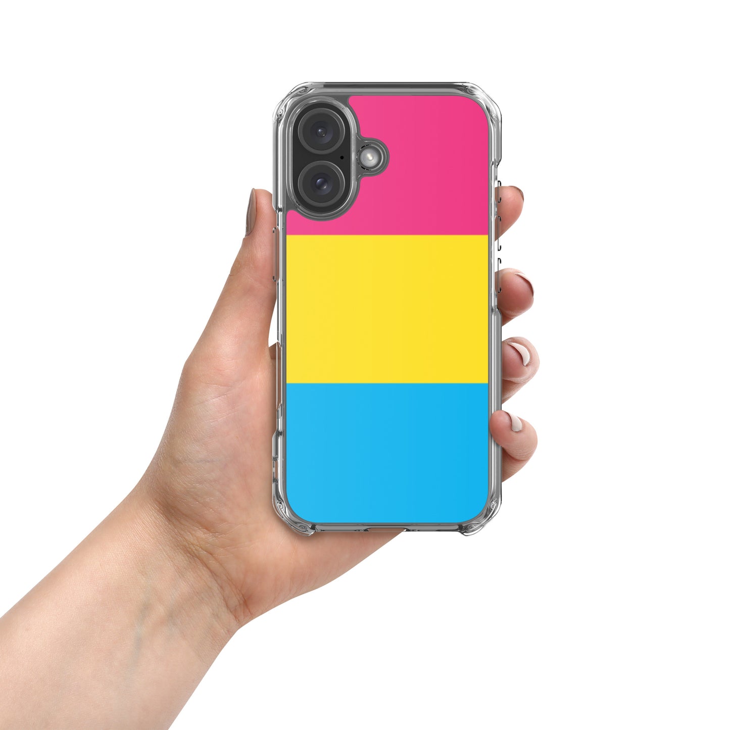Apple iPhone 16 case with Pansexual pride flag design on white background