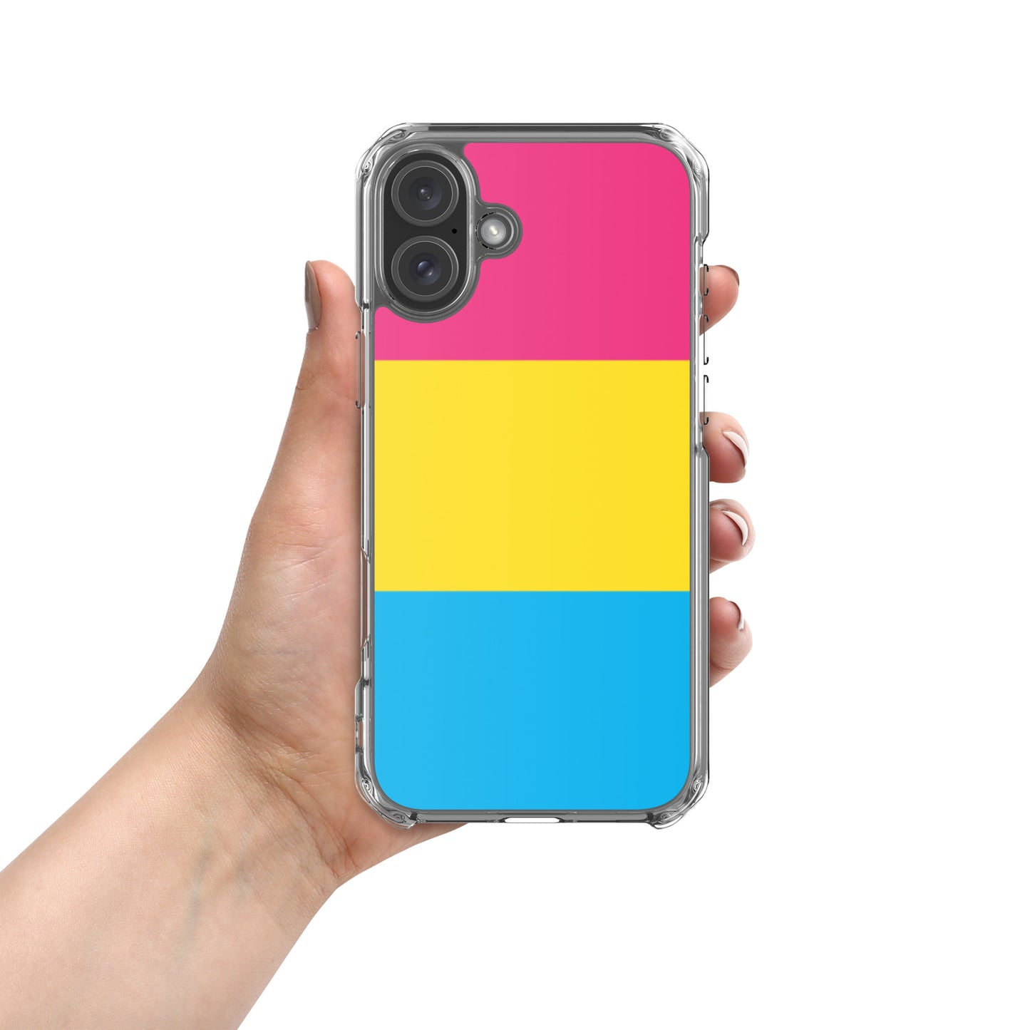 Apple iPhone 16 Plus case with Pansexual pride flag design on white background