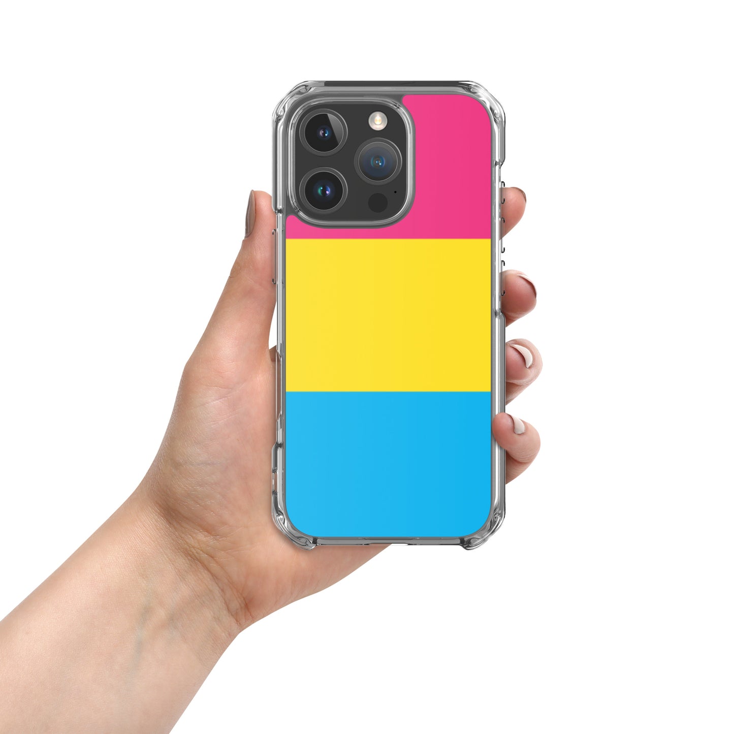 Apple iPhone 16 Pro case with Pansexual pride flag design on white background