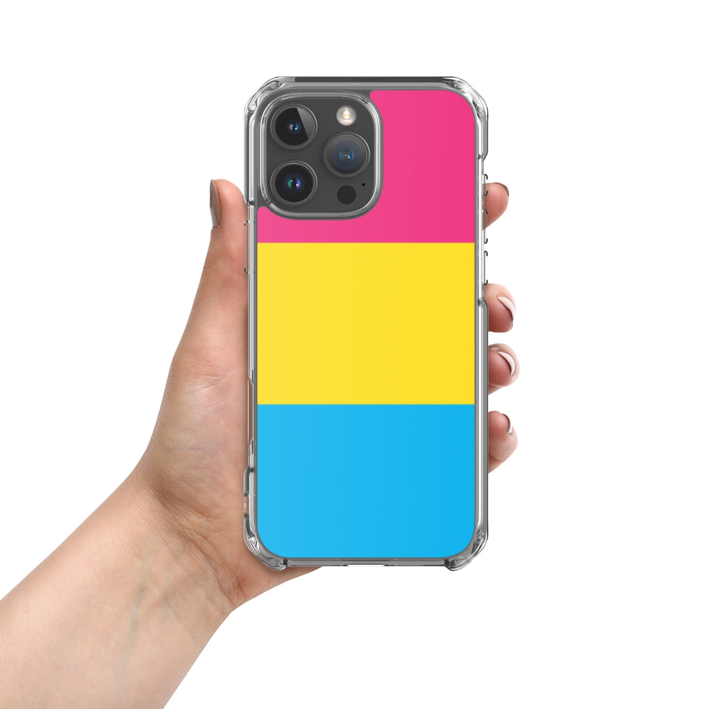 Apple iPhone 16 Pro Max case with Pansexual pride flag design on white background