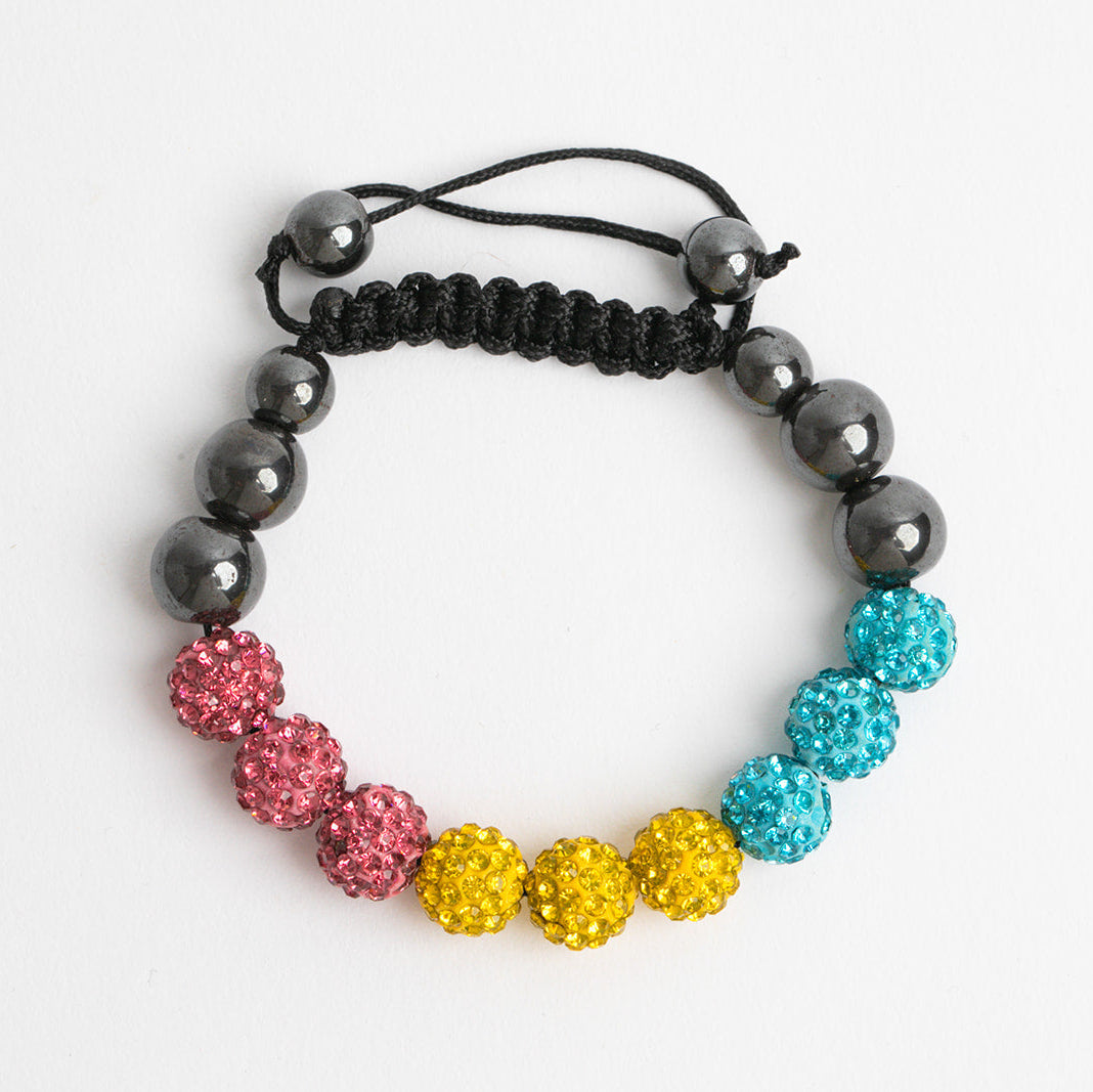Pansexual pride bracelet with black, pink, yellow, and blue beads on a white background