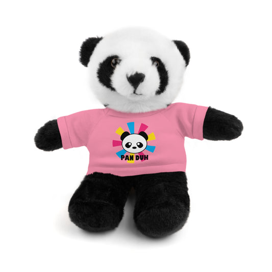 Stuffed plush panda toy with a 'Pan Duh' tee shirt in blue and multicolor design.