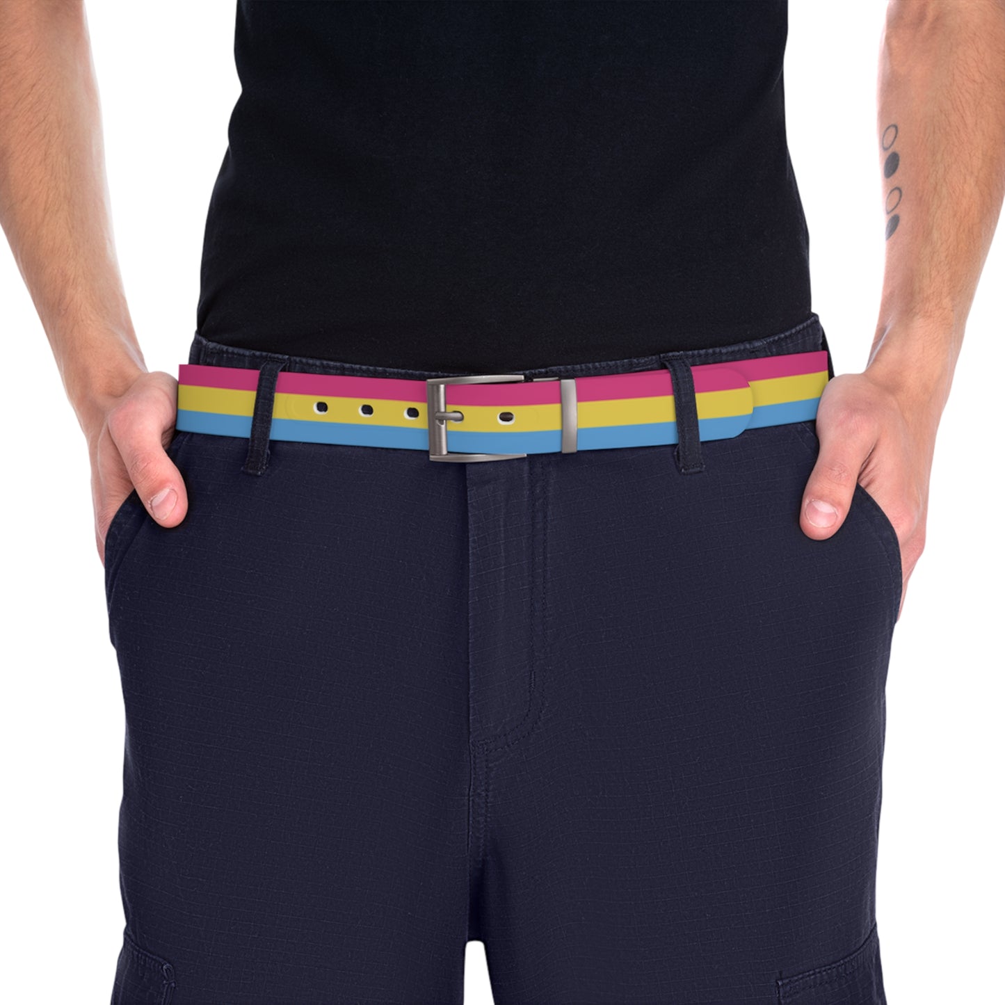 Person wearing navy shorts with a pansexual pride belt on a white background