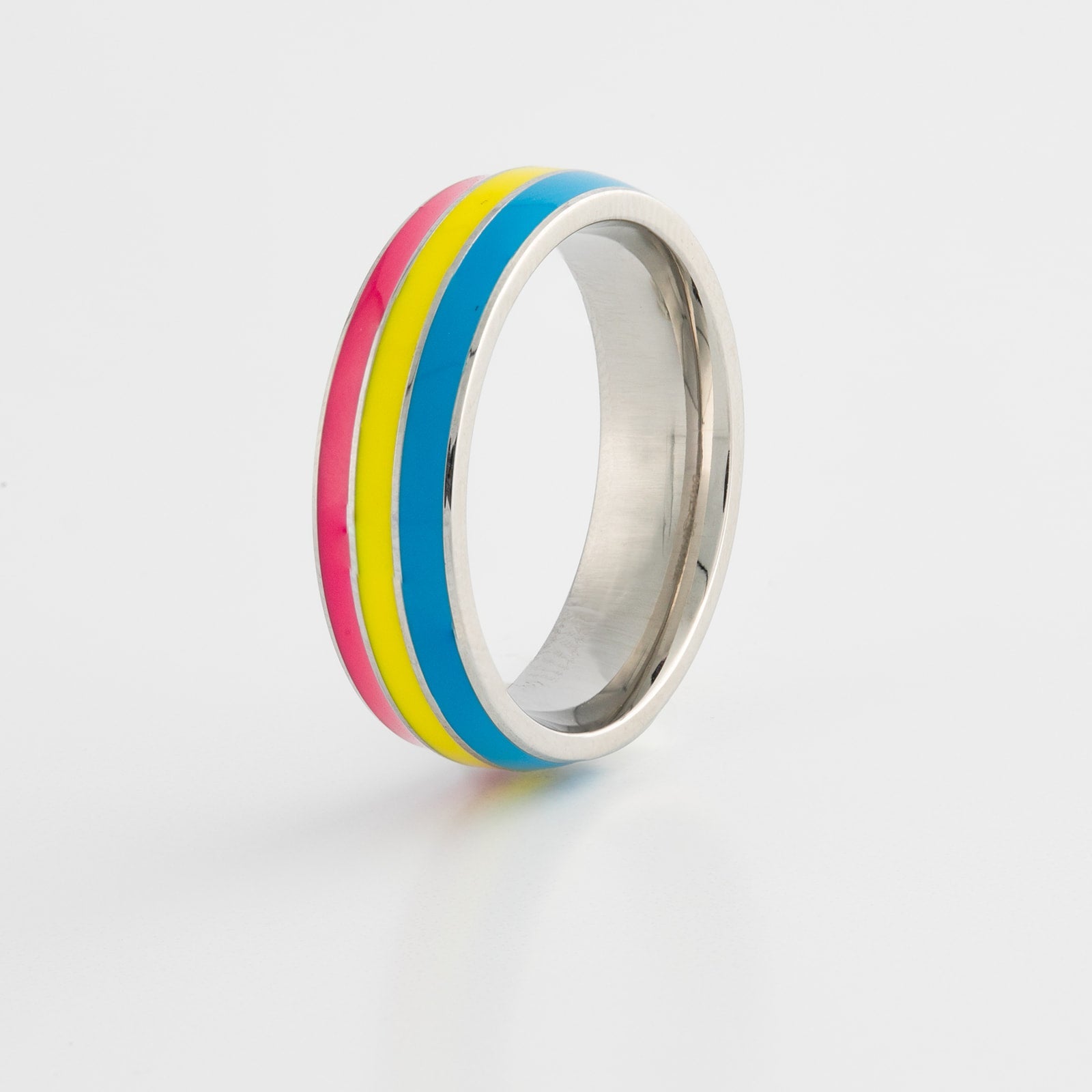 Ring standing up with pan pride stripes on a white background