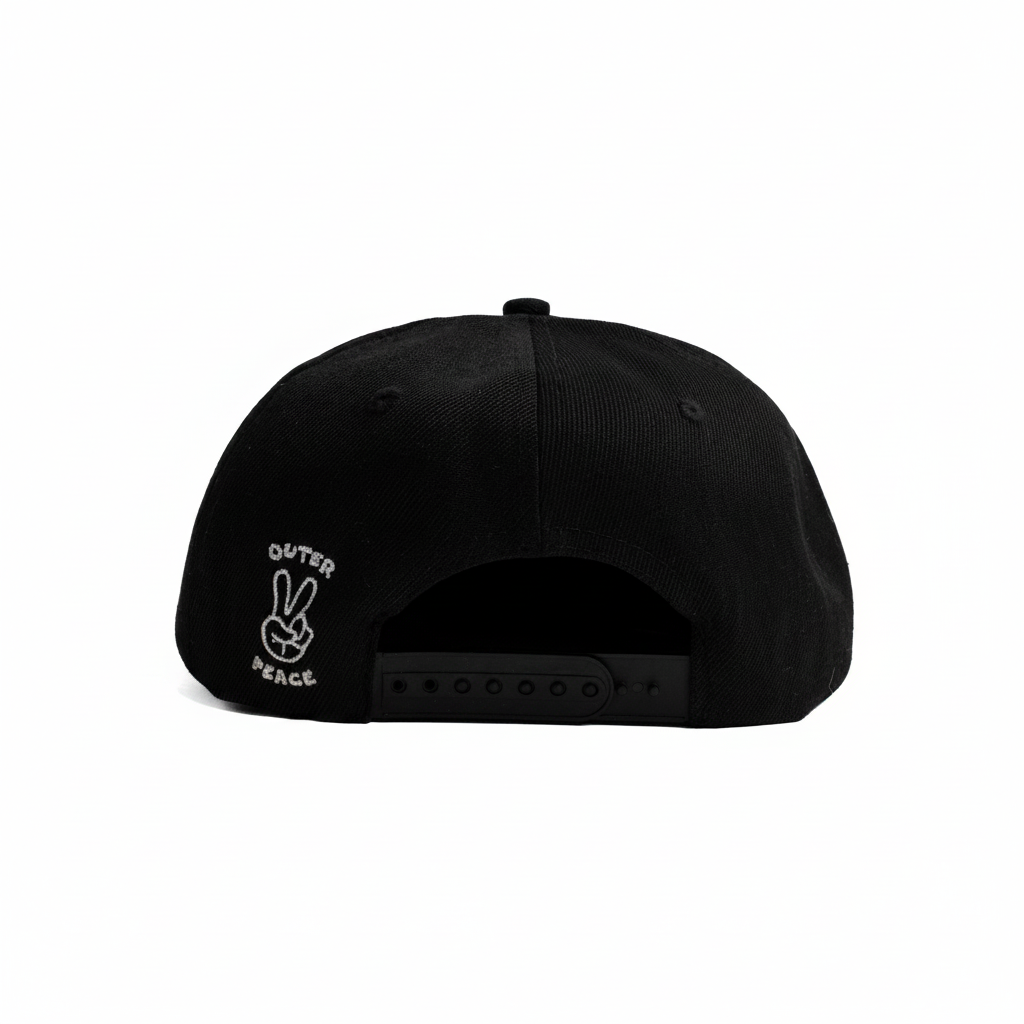 Black snapback cap shown from the back, featuring a small white embroidered peace sign and the words 'OUTER PEACE' on the left side, with a black adjustable strap at the back.