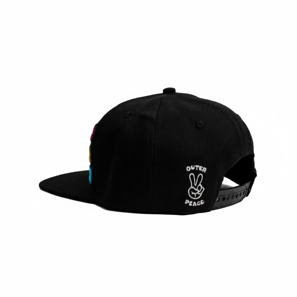 A black snapback cap shown from a three-quarter back angle on a white background, featuring a white embroidered 'OUTER PEACE' peace sign logo on the side and a colorful vertical stripe detail on the front edge.