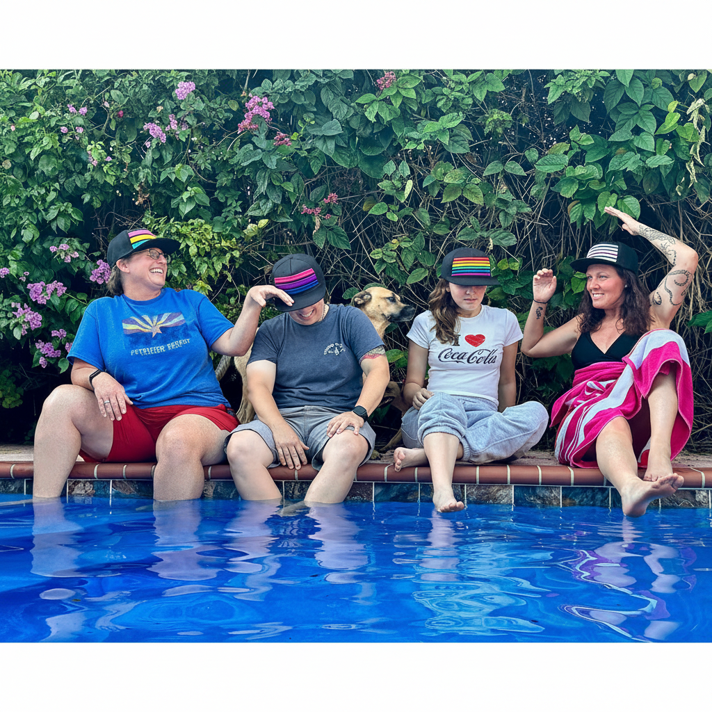 Four people sitting on the edge of a swimming pool with lush green foliage in the background. They are wearing rainbow-striped baseball caps and casual summer clothing.
