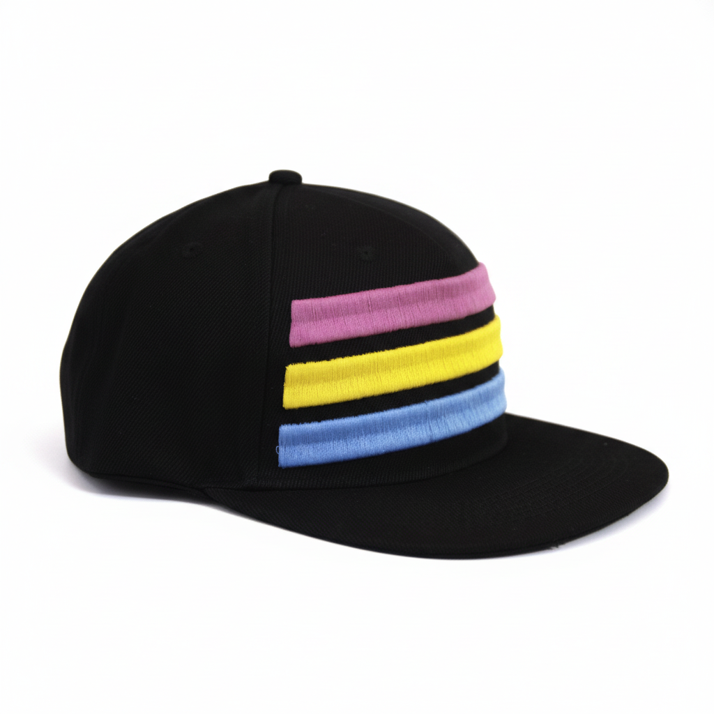 A black flat-brim baseball cap featuring three horizontal embroidered stripes in pink, yellow, and light blue on the front panels to represent the pansexual pride flag, shown against a plain white background.