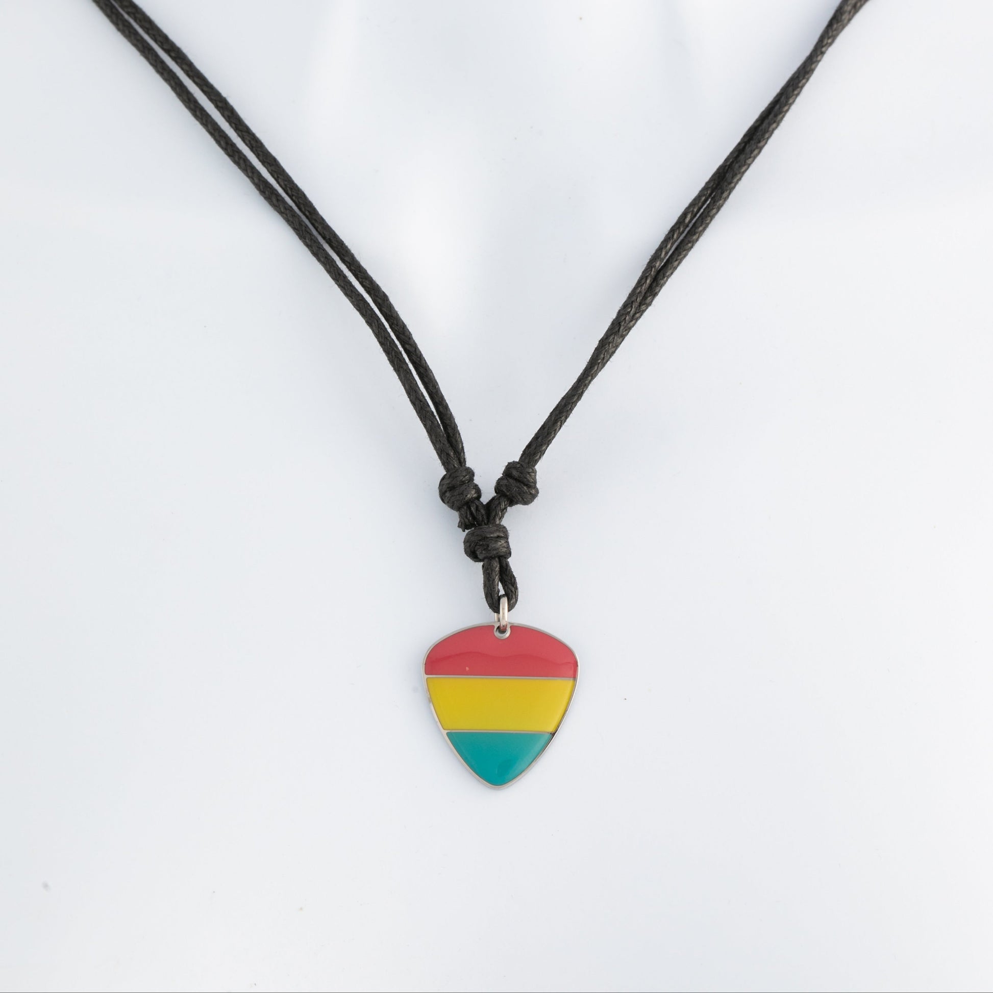 Necklace with a pansexual pride colored guitar pick pendant on a white background
