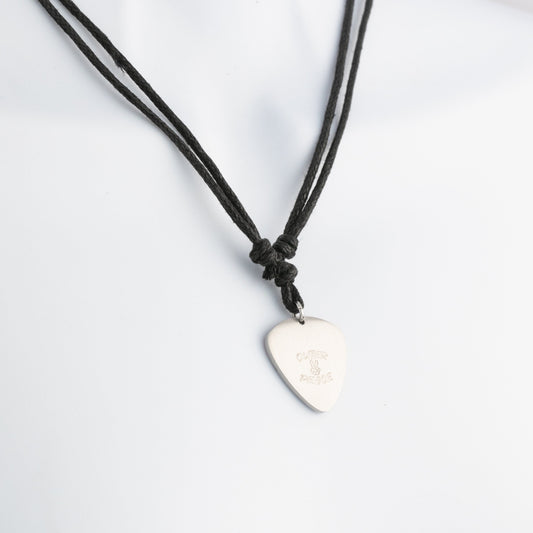 Necklace with a guitar pick pendant on a white background