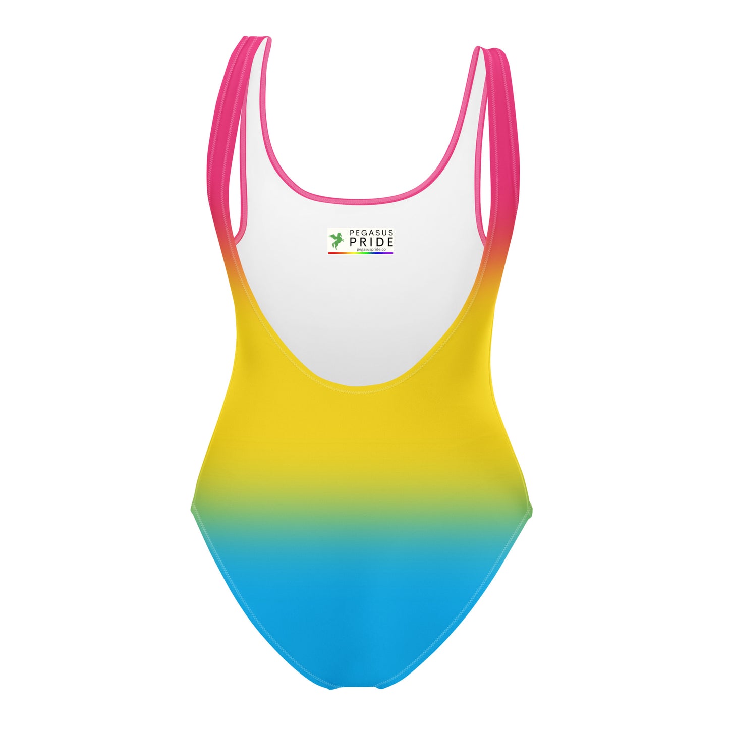 One-piece swimsuit with gradient color design and 'Pegasus Pride' branding on a white background