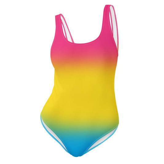 Pansexual pride themed gradient swimsuit with pink, yellow, and blue colors on a white background