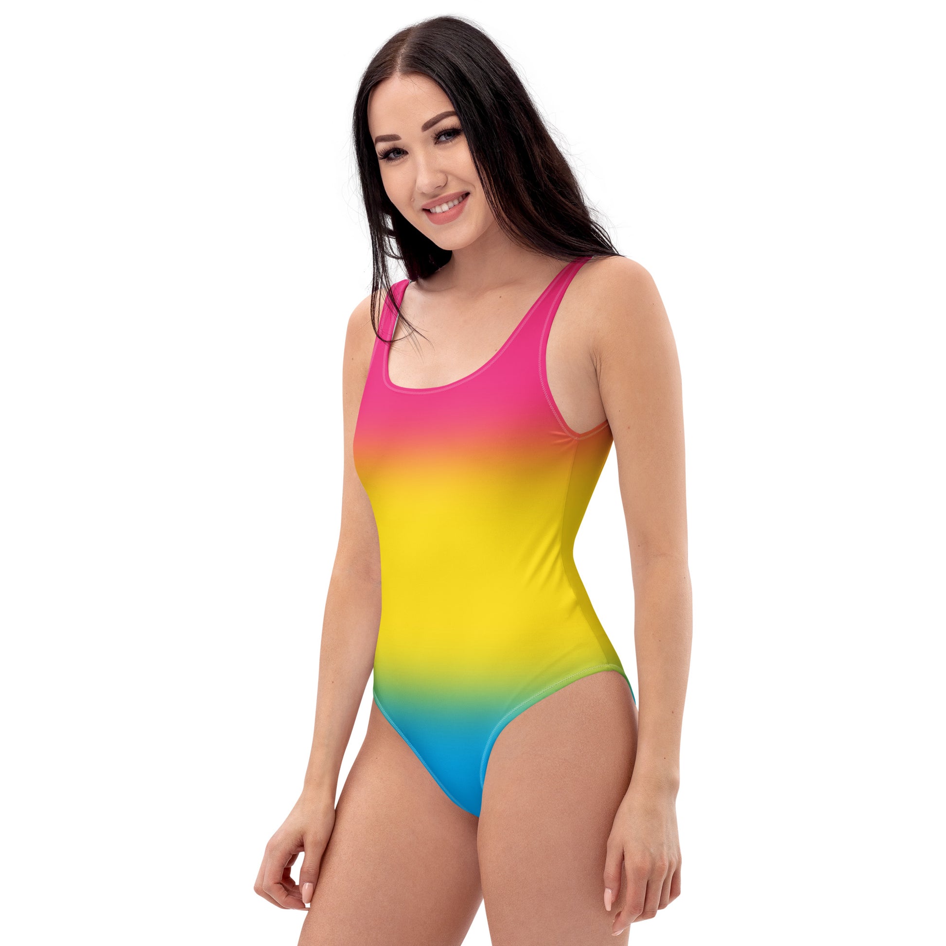 Woman wearing a colorful pansexual pride flag gradient swimsuit on a white background