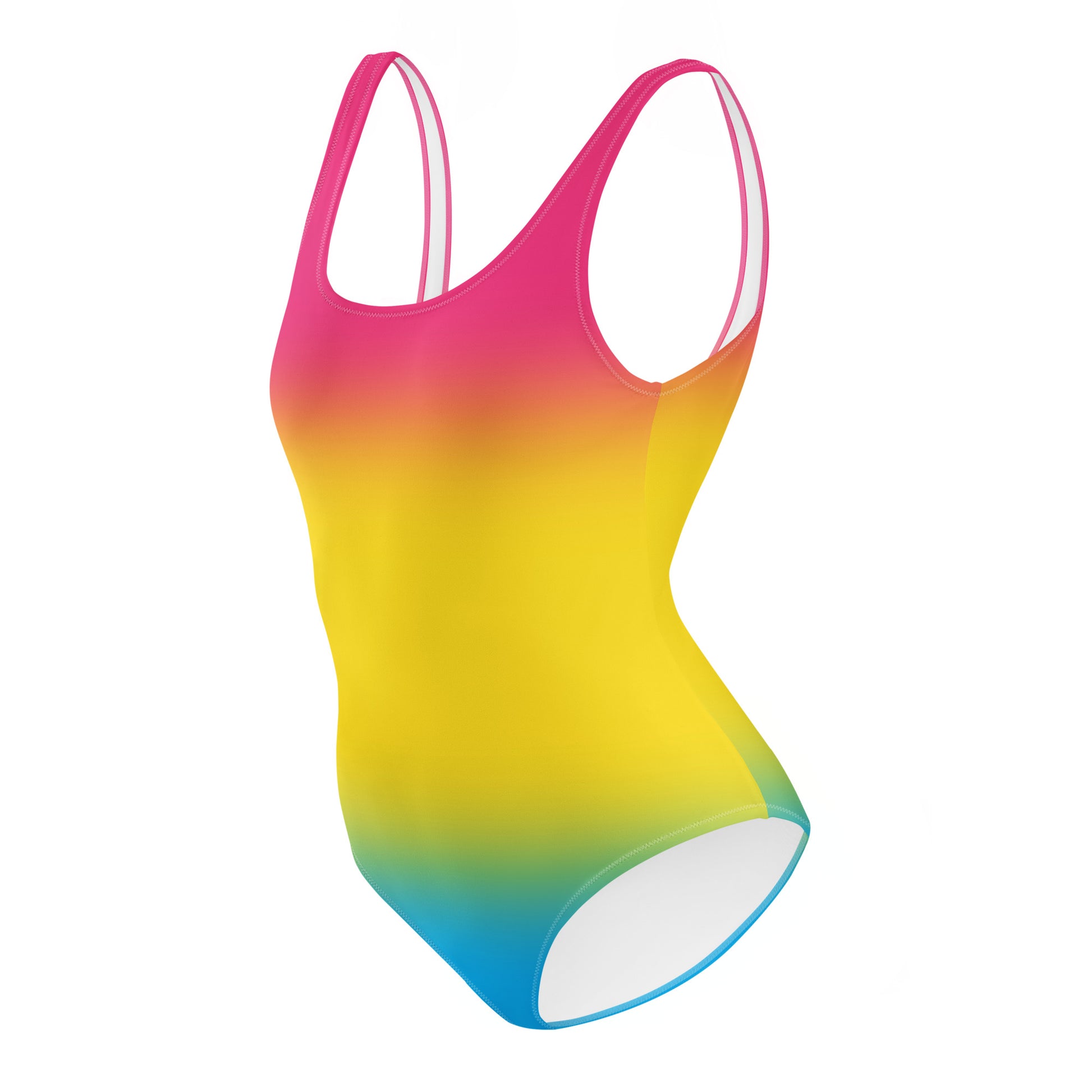 Gradient swimsuit with pink, yellow, and blue colors on a white background