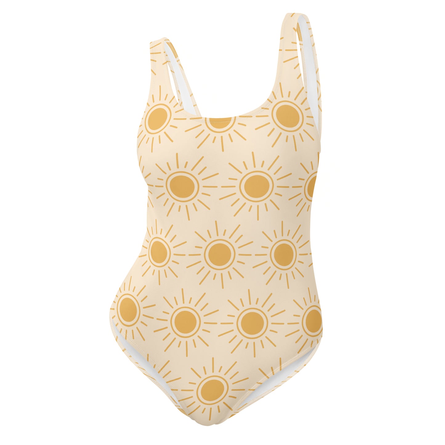 One-piece swimsuit with sun pattern on a white background