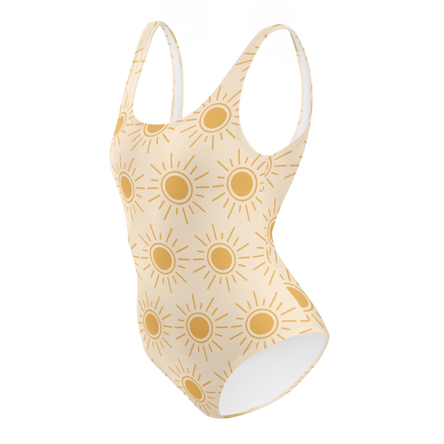 One-piece swimsuit with sun pattern on a white background