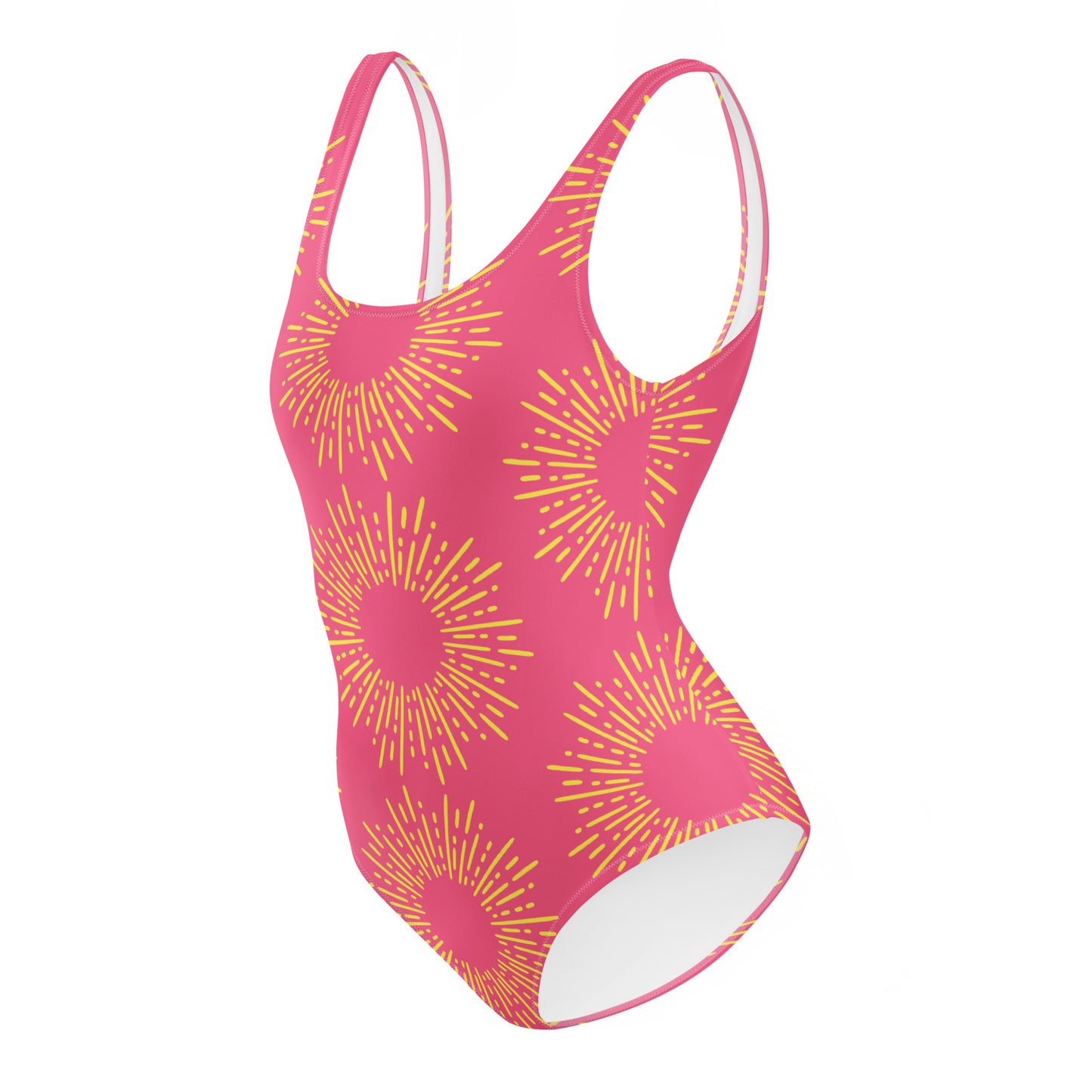 Pink swimsuit with yellow halo pattern on a white background