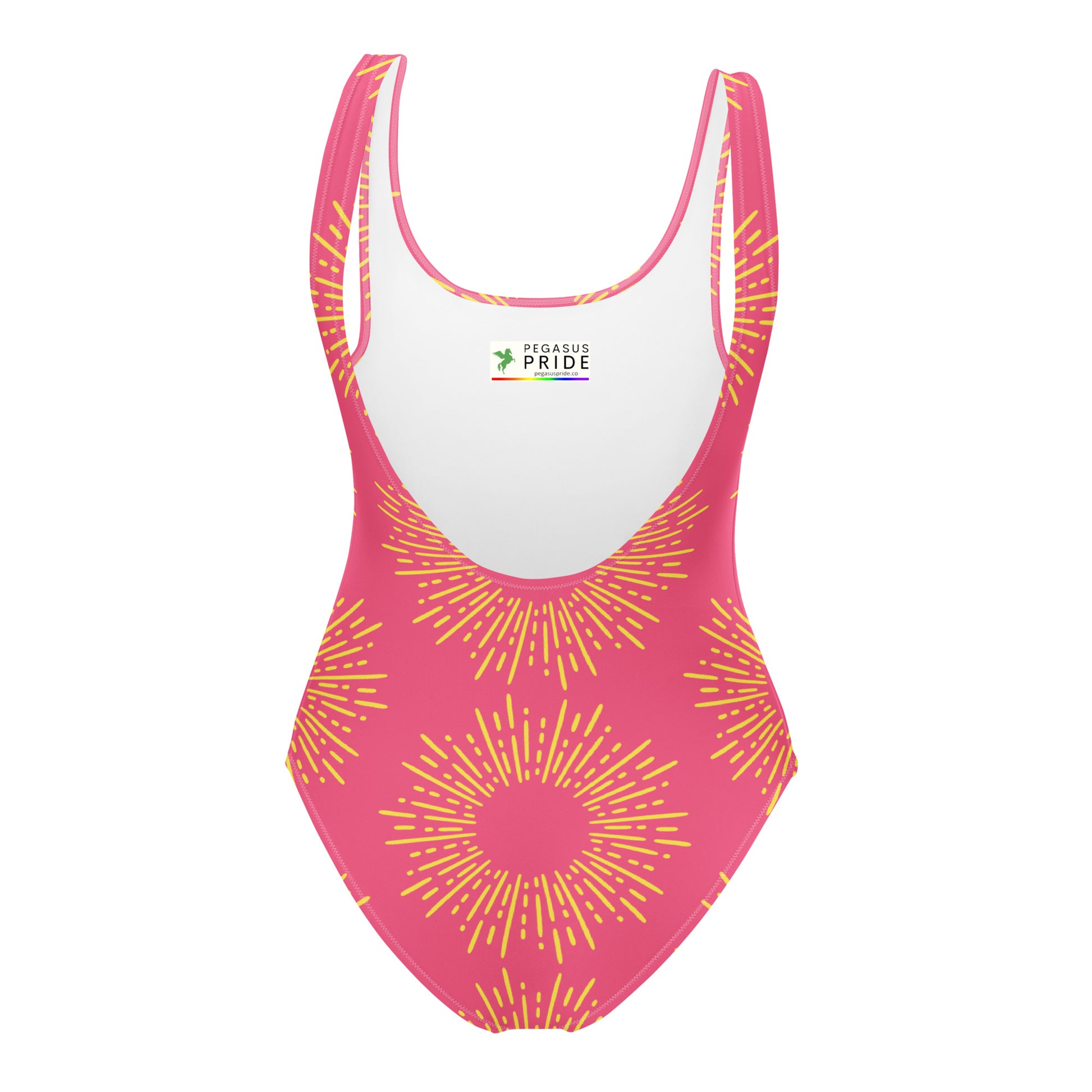Pink swimsuit with yellow patterns on a white background